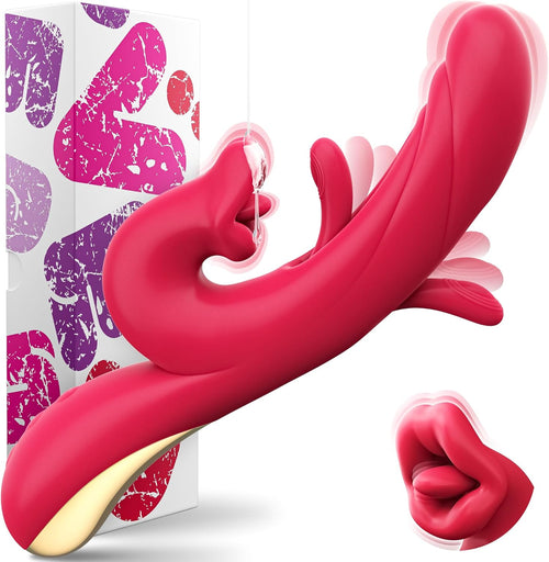 Rabbit Vibrator Adult Toys for Women, Dildo Sex Toy with 10 Tongue Vibration and 10 Flapping Modes, 3-In-1 Rose Toy Vibrators for G Spot Clit Stimulator Pleasure and Female Couples Games