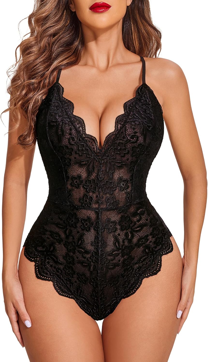 Sexy Lingerie for Women Deep V Teddy Sheer Lace Bodysuit Snap Crotch One Piece Babydoll