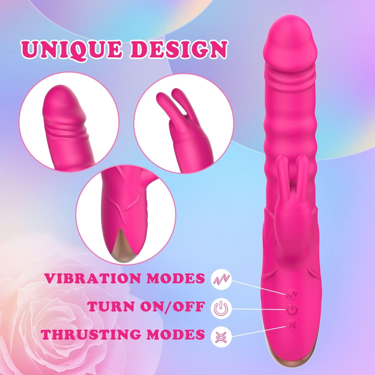 Thrusting Rabbit Vibrator, G Spot Clitoral Vibrator Waterproof & Rechargeable Realistic Silicone Dildo Vibrator with 3 Thrust & 10 Vibrating Modes, Rose Sex Toys for Women